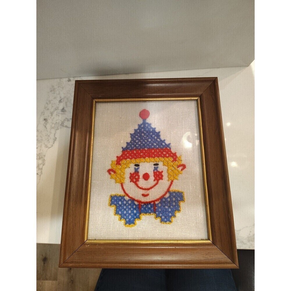 Vintage 70s Crewel Embroidery Yarn Clown Face Framed Cute 8x10